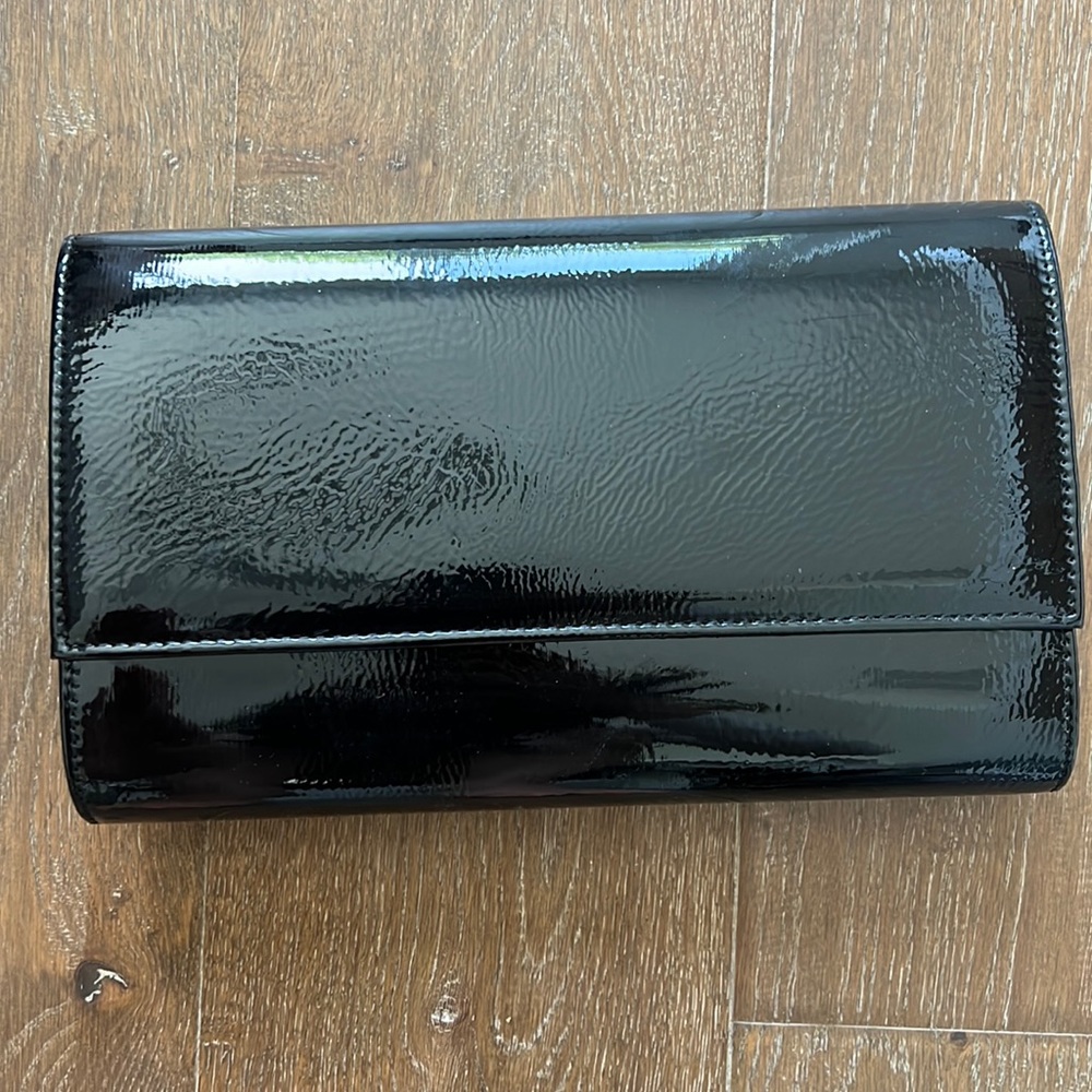 Olga Berg black patent clutch/crossbody optional chain